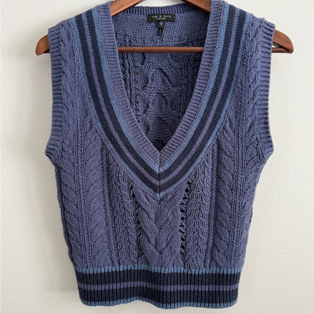 rag & bone Cable Knit Sweater Vest Blue Cotton V-Neck XS Striped Trim